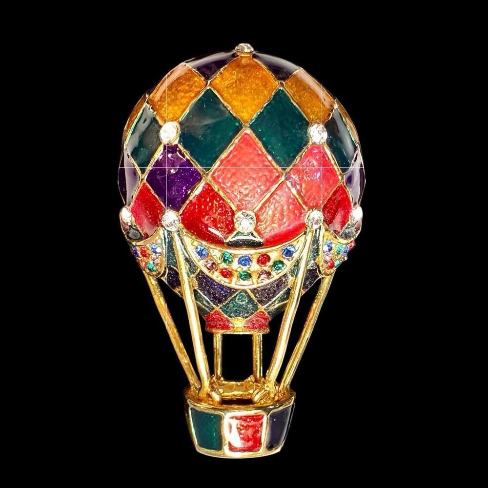 Vintage 1970’s 3D Hot Air Ballon Gold Tone Colorful Enamel Rhinestone Brooch Pin